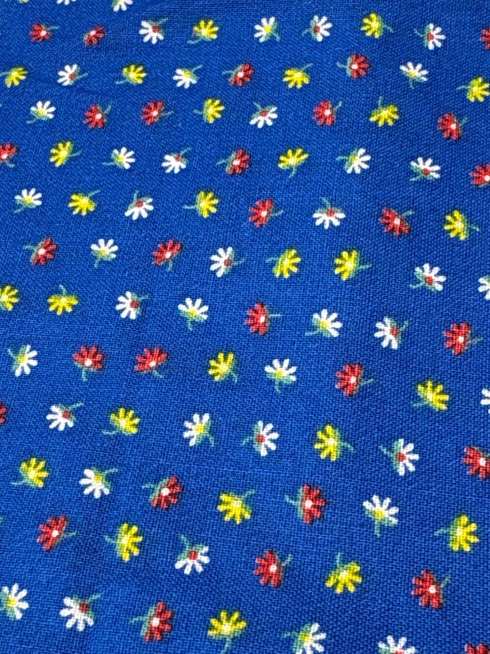 Vintage Blue Fabric Tiny Red Yellow White Floral Print 1/4 yard x 44" Sewing Cra